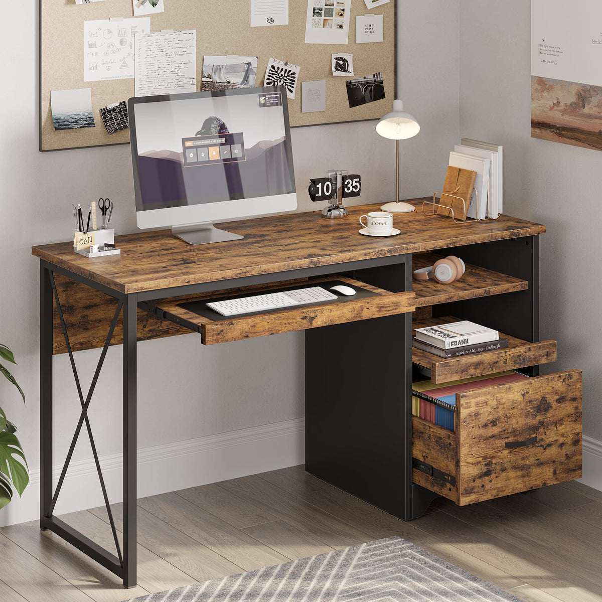 Bestier - 47 inch Computer Reversible Desk with File and Storage Drawers with Keyboard Tray for Home Office - Rustic Brown