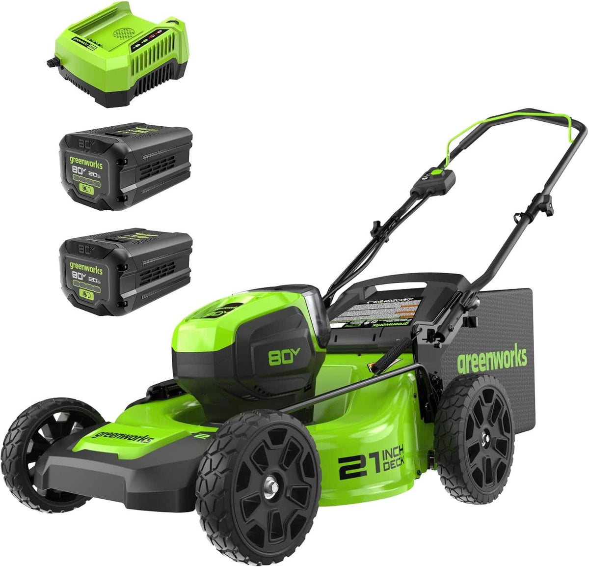 Greenworks - 80V 21" Battery Powered Push Mower + (2) 2.0Ah Batteries and Rapid Charger - Green