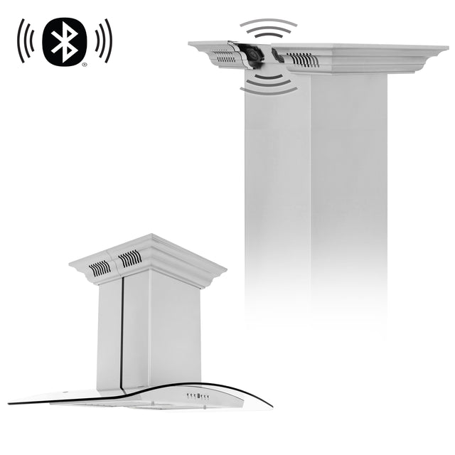 Front. ZLINE - 36 in. ZLINE CrownSound™Ducted Vent Island Mount Range Hood in Stainless Steel with Built-in Bluetooth Speakers - Stainless Steel.