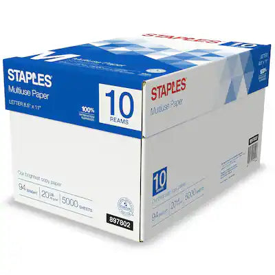 Staples - Multiuse Copy Paper, 8.5" x 11", 20 lbs., 94 Brightness, 500 Sheets/Ream, 10 Reams/Carton