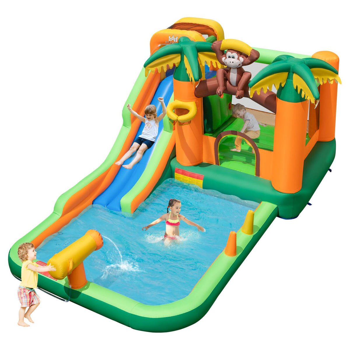 Costway - Inflatable Water Slide Park Monkey Bounce House Splash Pool without Blower - Multicolor