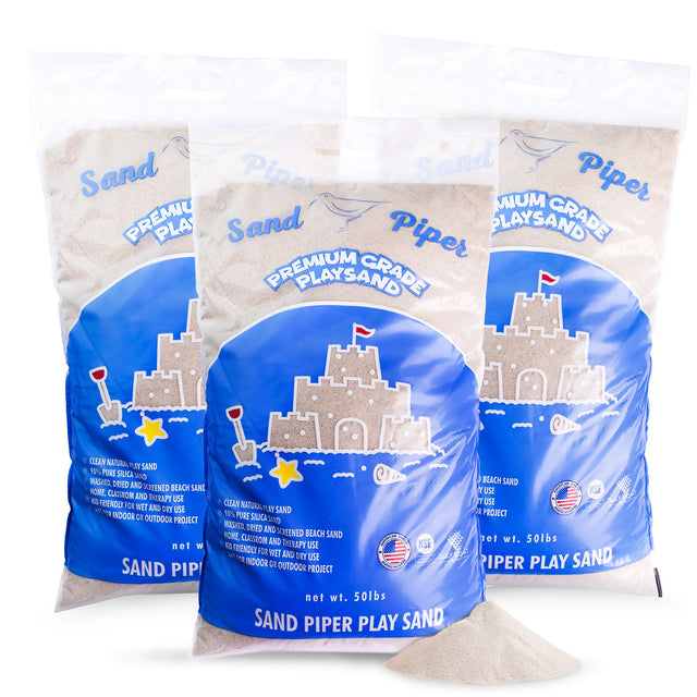 Sand Piper Premium Grade Playsand  
Clean Natural Play Sand  
98% Pure Silica Sand  
Washed, Dried and Screened Beach Sand  
Home, Classroom and Therapy Use  
Friendly for Wet and Dry Use  
Indoor or Outdoor Project  
Net wt. 50 lbs  

Sand Piper Premium Grade Playsand  
Clean Natural Play Sand  
98% Pure Silica Sand  
Washed, Dried and Screened Beach Sand  
Home, Classroom and Therapy Use  
Friendly for Wet and Dry Use  
Indoor or Outdoor Project  
Net wt. 50 lbs  

Sand Piper Premium Grade Playsand  
Clea