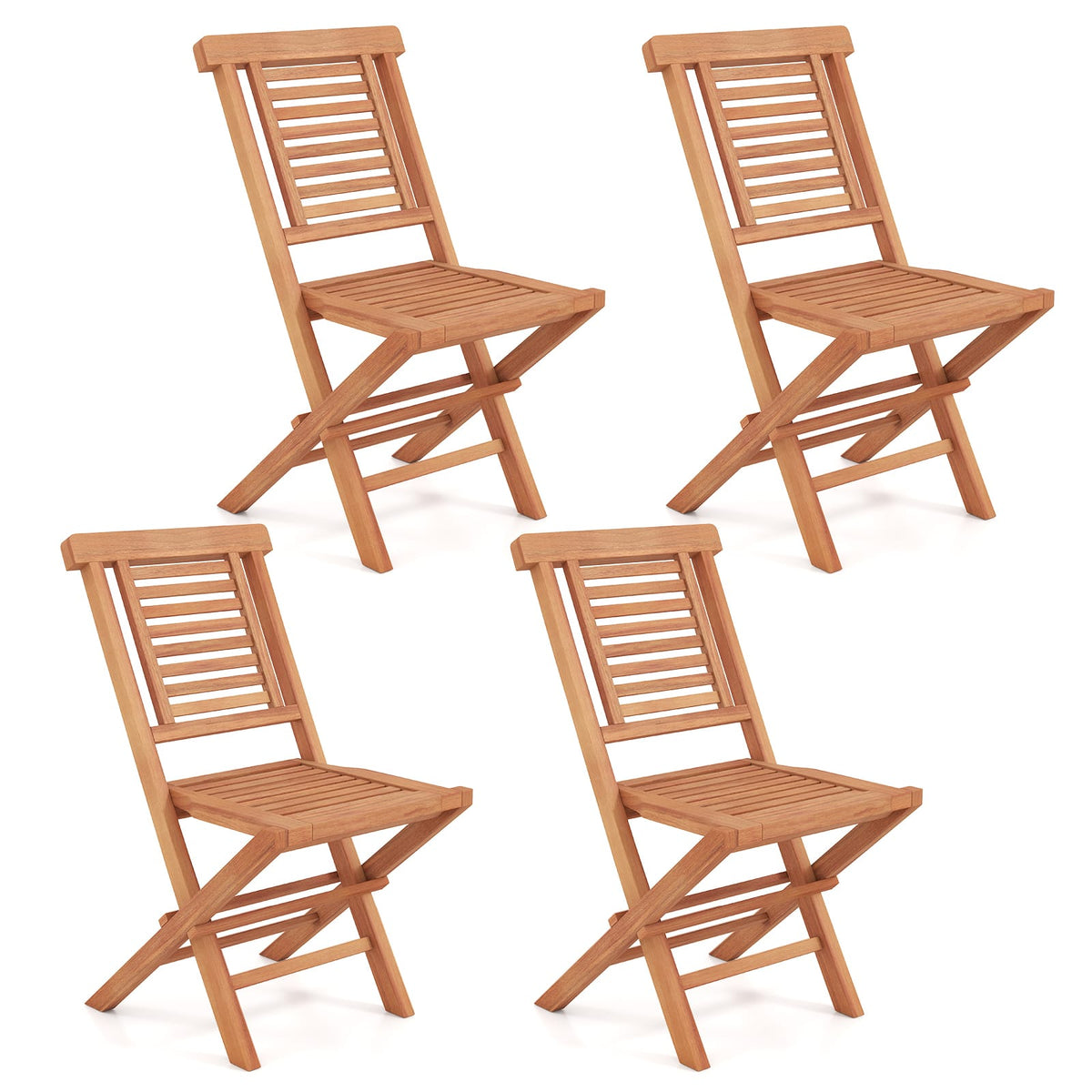 Costway - 4PCS Outdoor Dining Chairs Teak Wood Folding Patio Chairs with X-Shaped Support - Natural