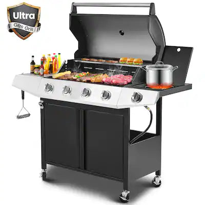 HUGROVE - 5-Burner Stainless Steel BBQ Grill, 50000 BTU Propane Gas Grills with Side Burner and Thermometer for Outdoor