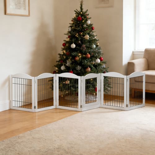 Front. Winado - 122x24in Freestanding Pet Dog Gate with Walk Through Door Foldable Pet Safety Fence for Indoor Stairs Doorways Fireplace - White.