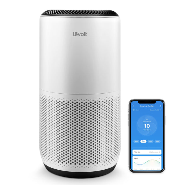 levoit Smart Air Purifier  
Anthem  
Outdoor PM2.5: 20  
Indoor PM2.5: 10  
Very Good  

Auto  
Pollen  
Sneezes  

Filter Life: 87% Remaining  

PM2.5  
12:44 08:44 12:44 08:44 12:44