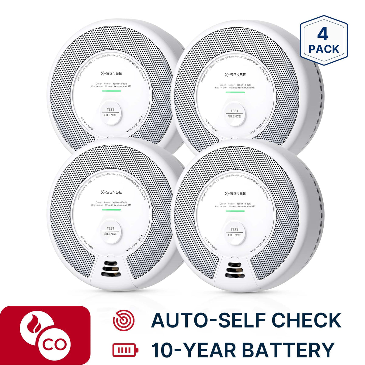 X-SENSE - 10-Year Battery Smoke and Carbon Monoxide Detector with Photoelectric Sensor and LED Light 4 Pack - White