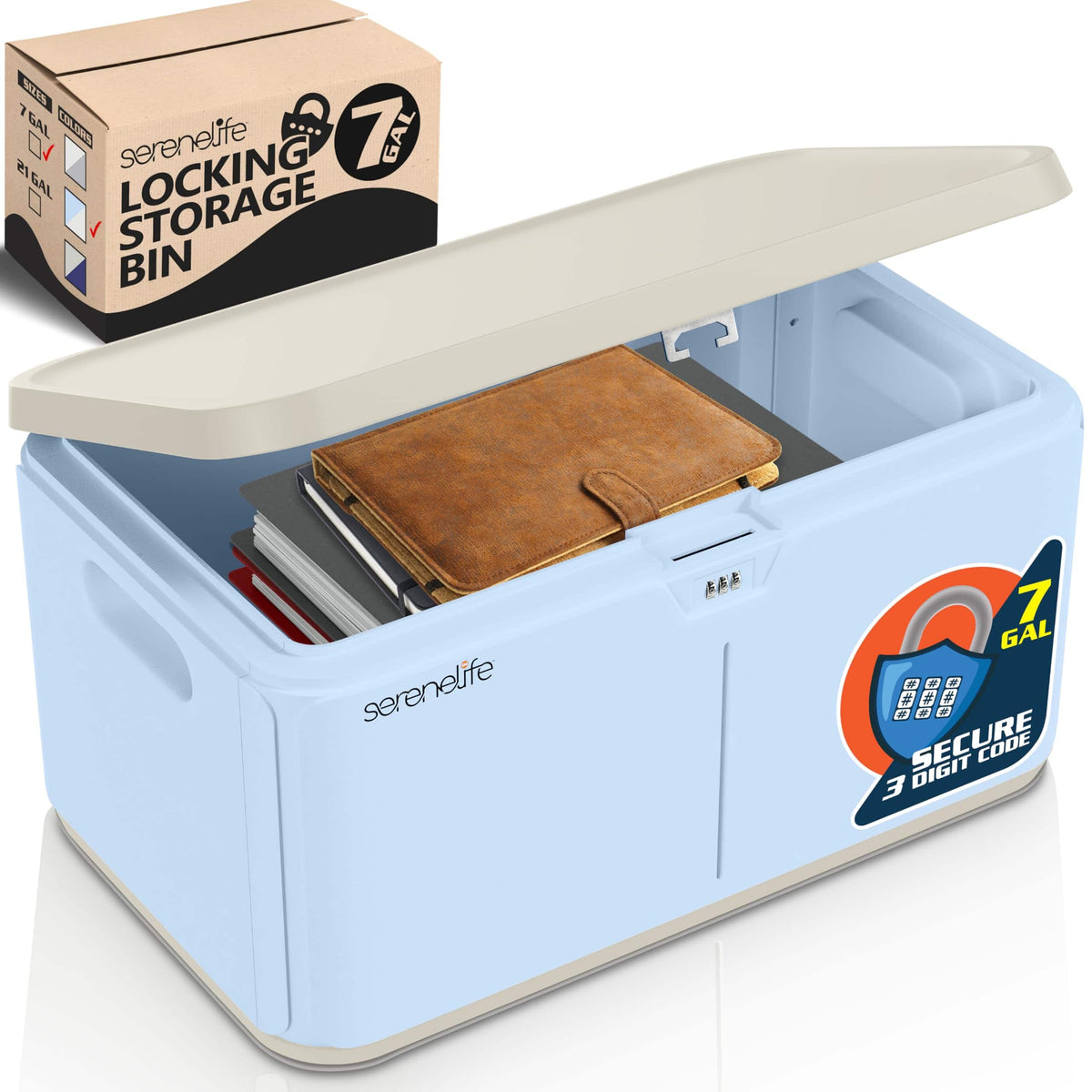 SereneLife - 8-Gallon Lockable Storage Box, Heavy Duty, with Combination Lock, Light Blue - SLSBXN850LB