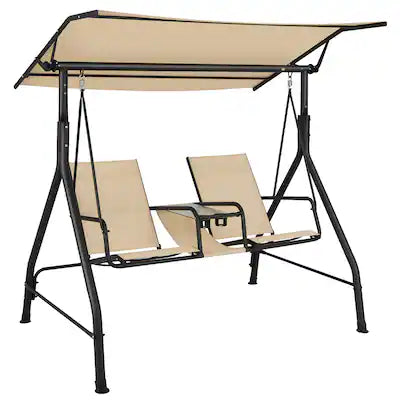 Costway - 2-Seat Outdoor Patio Swing Adjustable Canopy Tempered Glass Table Top Cup Holder