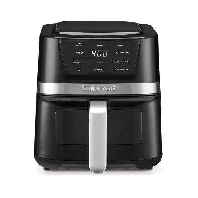 The image features a Cuisinart appliance with a timer set at 400 degrees. It is designed for baking, frying, and toasting various food items such as pizza, fries, wings, frozen snacks, and more. The appliance also has a start/stop button and a toss reminder to ensure even cooking and prevent overcooking. The Cuisinart brand is known for its high-quality and versatile kitchen appliances.