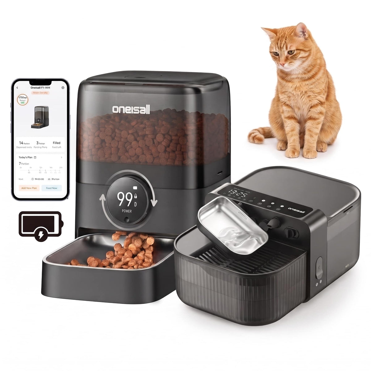 Oneisall - Pet Feeding Combo: 3L WIFI Automatic Cat Feeder＋3.5L Filterless Wireless Cat Water Fountain 3 Piece Easy Clean - Black