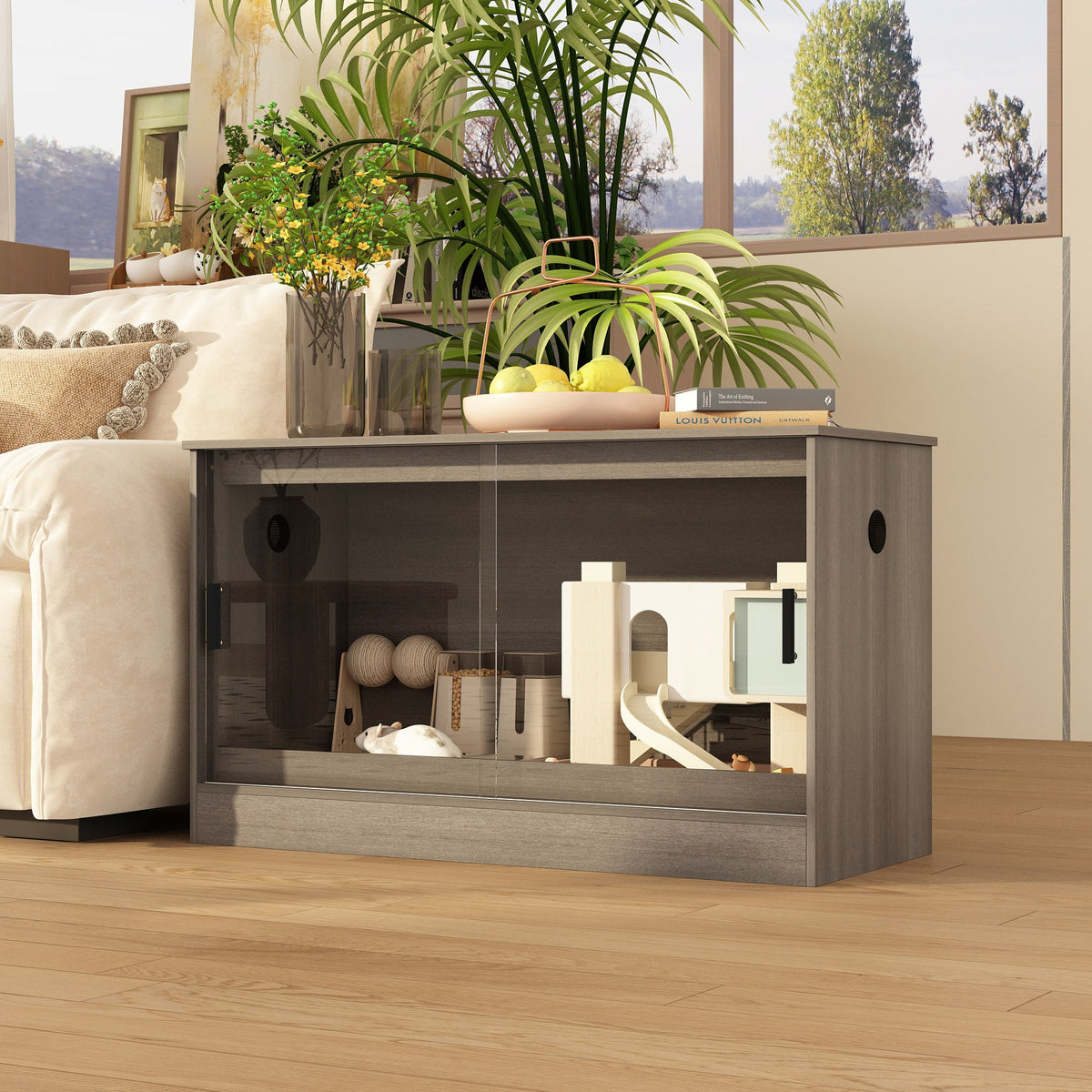 Famapy - Small Pet Cabinet with Glass Doors, Multi-Functional Habitat for Reptiles Hamsters & Rodents
