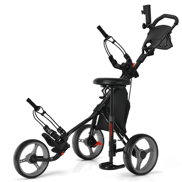 Front. GOPLUS - Costway Folding 3 Wheels Golf Push Cart W/Seat Scoreboard Adjustable Handle - Grey.