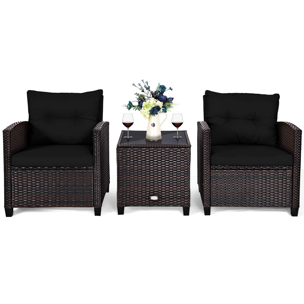 Costway - 3 PCS Patio Rattan Furniture Set Cushioned Conversation Set Sofa - Black