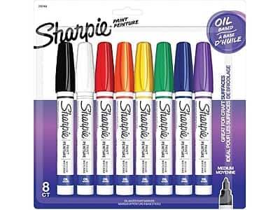 Sharpie Paint Pen  
Painture  
Oil Based  
A Base D'Huile  
Great for Crafts  
Idéal pour les surfaces  
Medium  
Moyenne  
8 CT