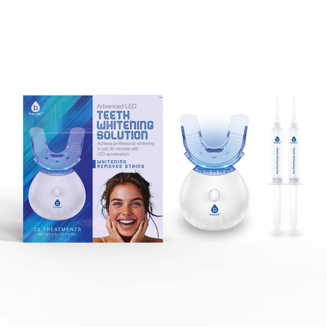 P PURDONIC Advanced LED TEETH WHITENING SOLUTION Achieve professional whitening in just 30 minutes with LED acceleration WHITENING REMOVES STAINS Teeth Whitening  20 TREATMENTS NET WT 0.34 oz 10 ML