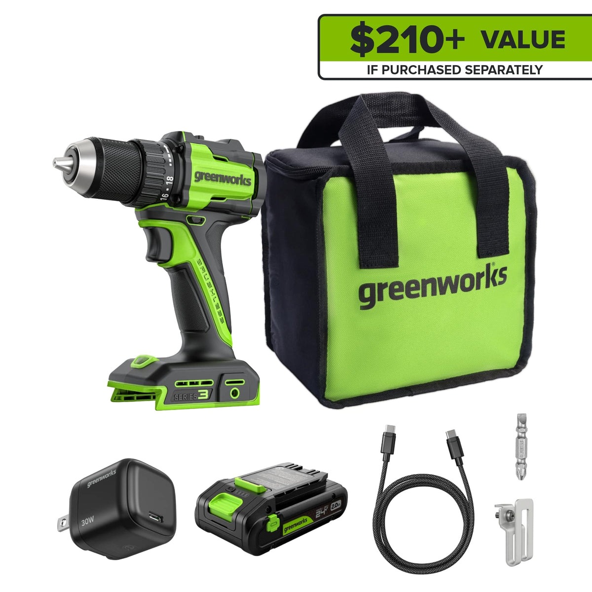 Greenworks - 24V Cordless Brushless 400 in-lbs Drill/Driver - 2.0Ah USB-C Battery and Charger