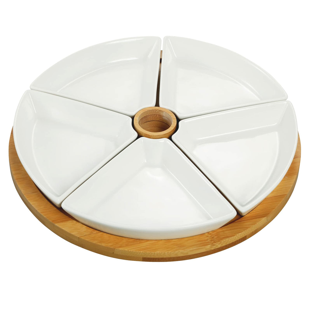 Elama - Signature 7 Piece Appetizer Serving Set with 5 Serving Dishes, Center Tooth Pick Holder and Bamboo Serving Tray - White