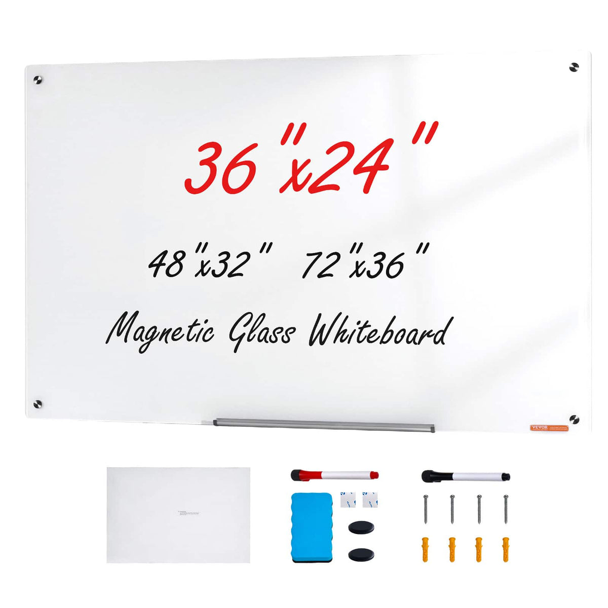 VEVOR - Magnetic Glass Whiteboard, Dry Erase Board 36"x24", Wall-Mounted Large Glassboard Frameless - White