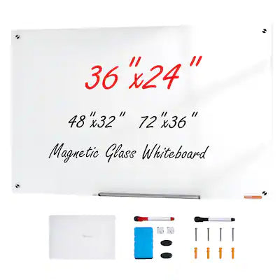 VEVOR - Magnetic Glass Whiteboard, Dry Erase Board 36"x24", Wall-Mounted Large Glassboard Frameless