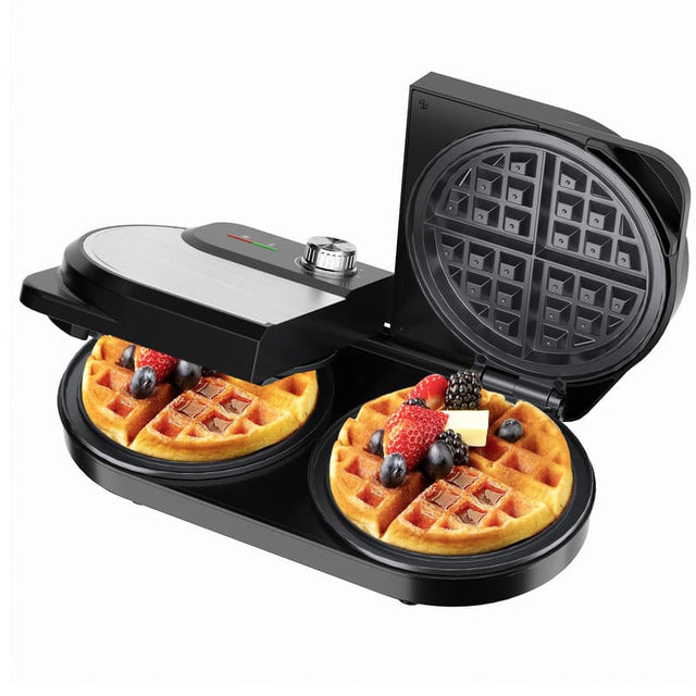 Front. YASHE - Double 6" Belgian Waffle Maker, 1400W, Stainless Steel, Nonstick, Temp Control - Black.