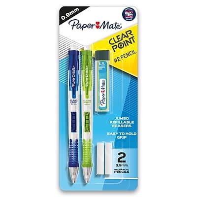 0.9mm Paper Mate Clear Point #2 Pencil  
6 Jumbo Refillable Erasers  
Easy to Hold Grip  
2 Mechanical Pencils