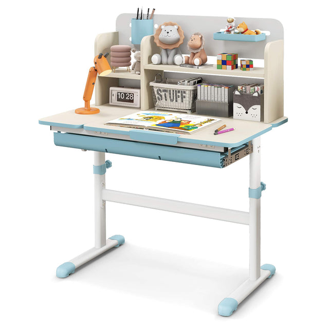 Front. Gymax - Gymax Kids Multifunctional Study Table Study Desk w/ Tiltable Desktop Book Stand Blue - Blue.