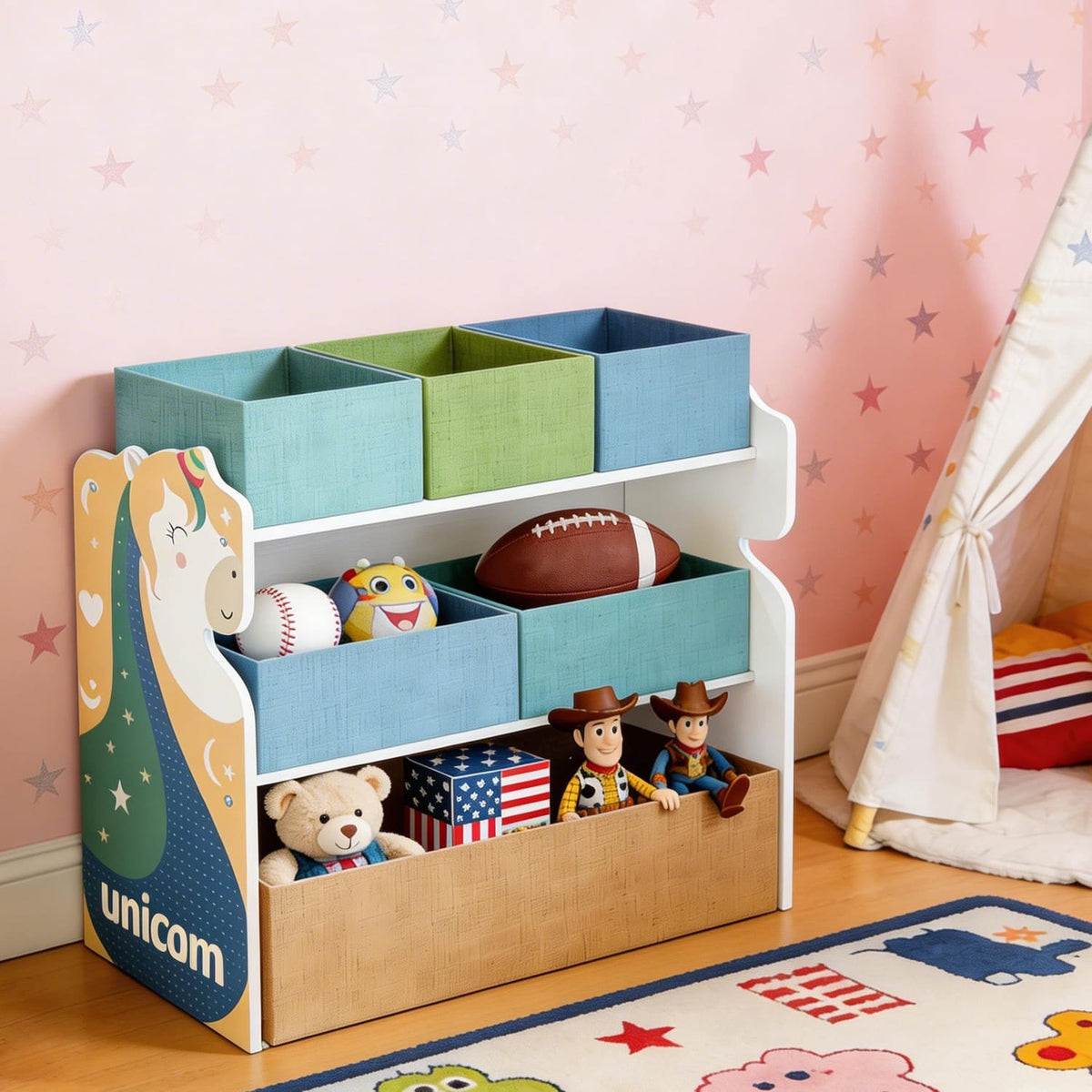 Malletson - Toy Storage Organizer with Bins, Multi-Functional Kids Toy Box and Bookcase for Playroom Nursery - Multicolor