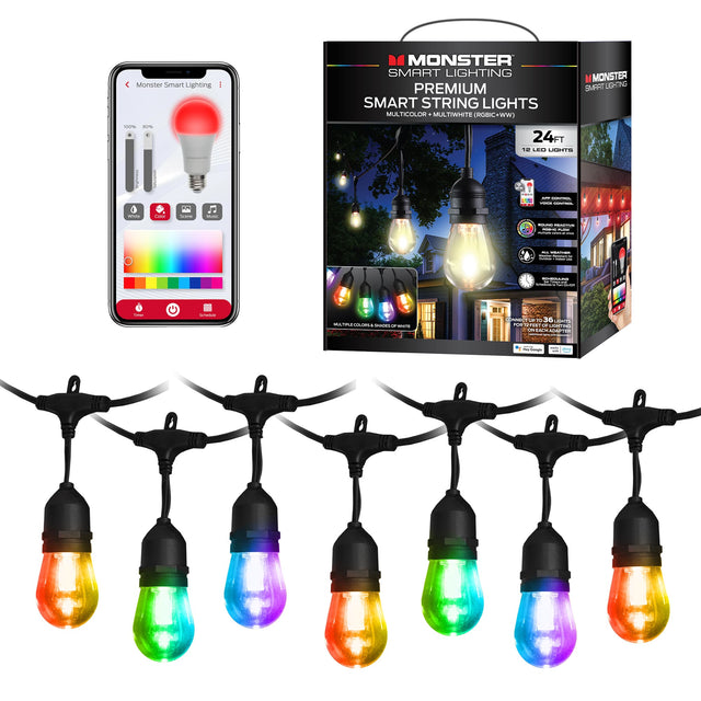 Monster Smart Lighting - MONSTER SMART LIGHTING PREMIUM SMART STRING LIGHTS MULTICOLOR + MULTIWHITE (RGBIC + WW) MONSTER SMART LIGHTING - 24FT 10 LED LIGHTS