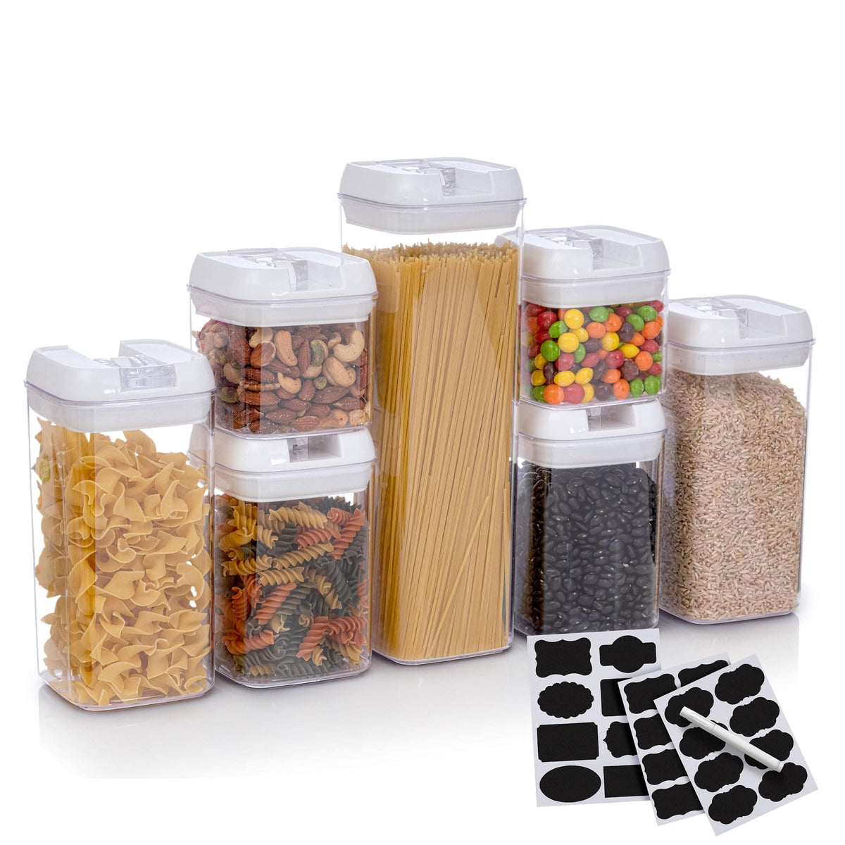 Cheer Collection - 7-Piece Airtight Pantry Food Storage Container Set with Labels - White