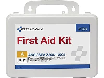 FIRST AID ONLY.  
91324 First Aid Kit  
ANSI/ISEA Z308.1-2021  
Meets federal OSHA requirement 29 CFR 1910.151(b).  
State requirements may vary.  

Type A  
25 Premises
