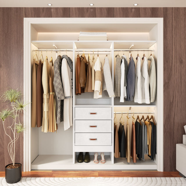 Front. Aheaplus - 60" Walk-in Closet Organizer: 3 Fabric Drawers, 3 Adjustable Shelves, Heavy Duty Garment Rack - 59"L x 16"W x 71"H - White.
