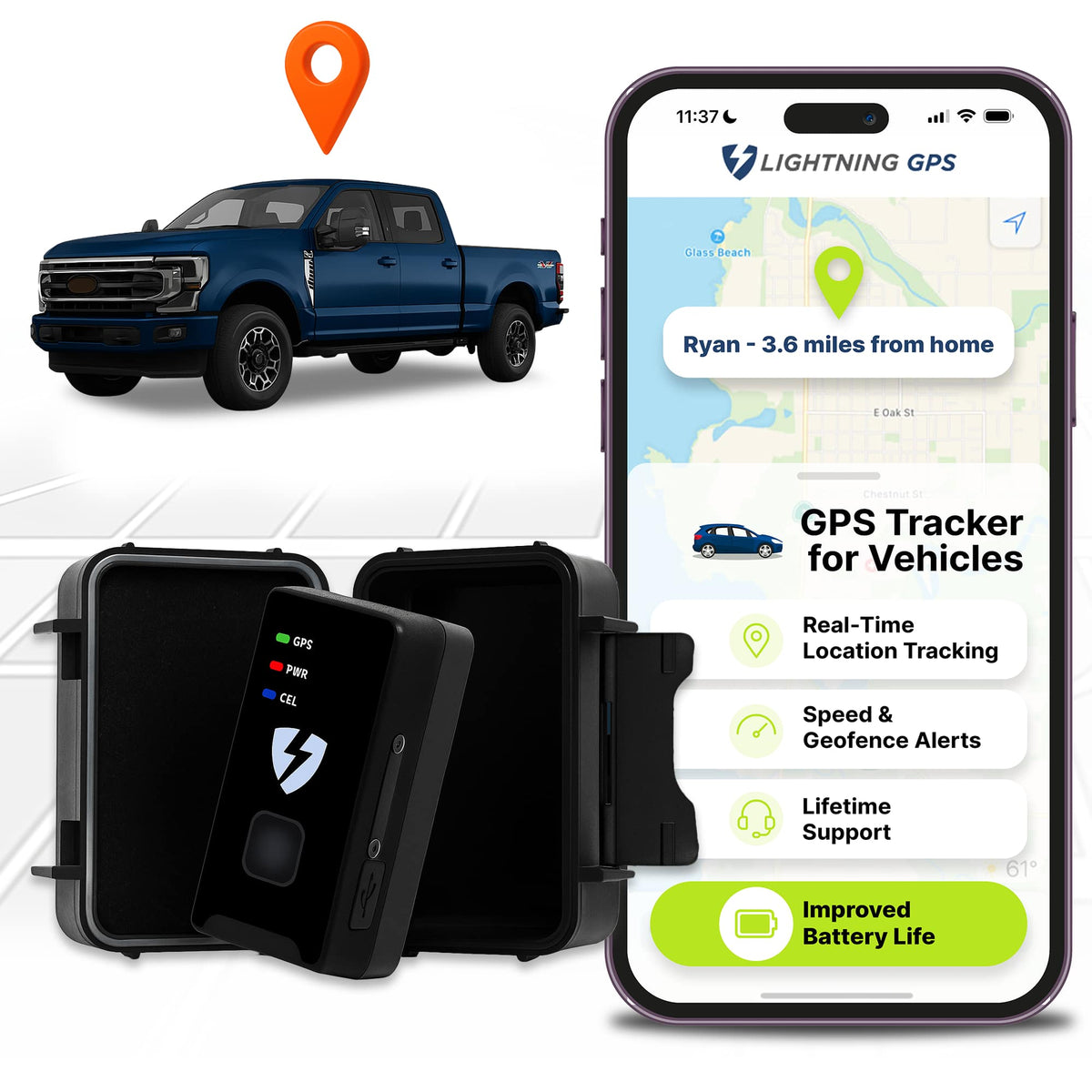 Lightning GPS - GL300 Tracker for Vehicles w/ Magnetic Case - Hidden GPS Tracker for Fleet Security & Tracking - Subscription Required - Black