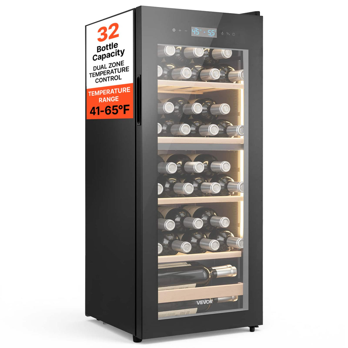 VEVOR - 32 Bottle Wine Fridge, Freestanding Wine Cooler Refrigerator, Dual Zone Cooler, 41℉ to 65℉ Adjustable Temp Mini Cellar - Black