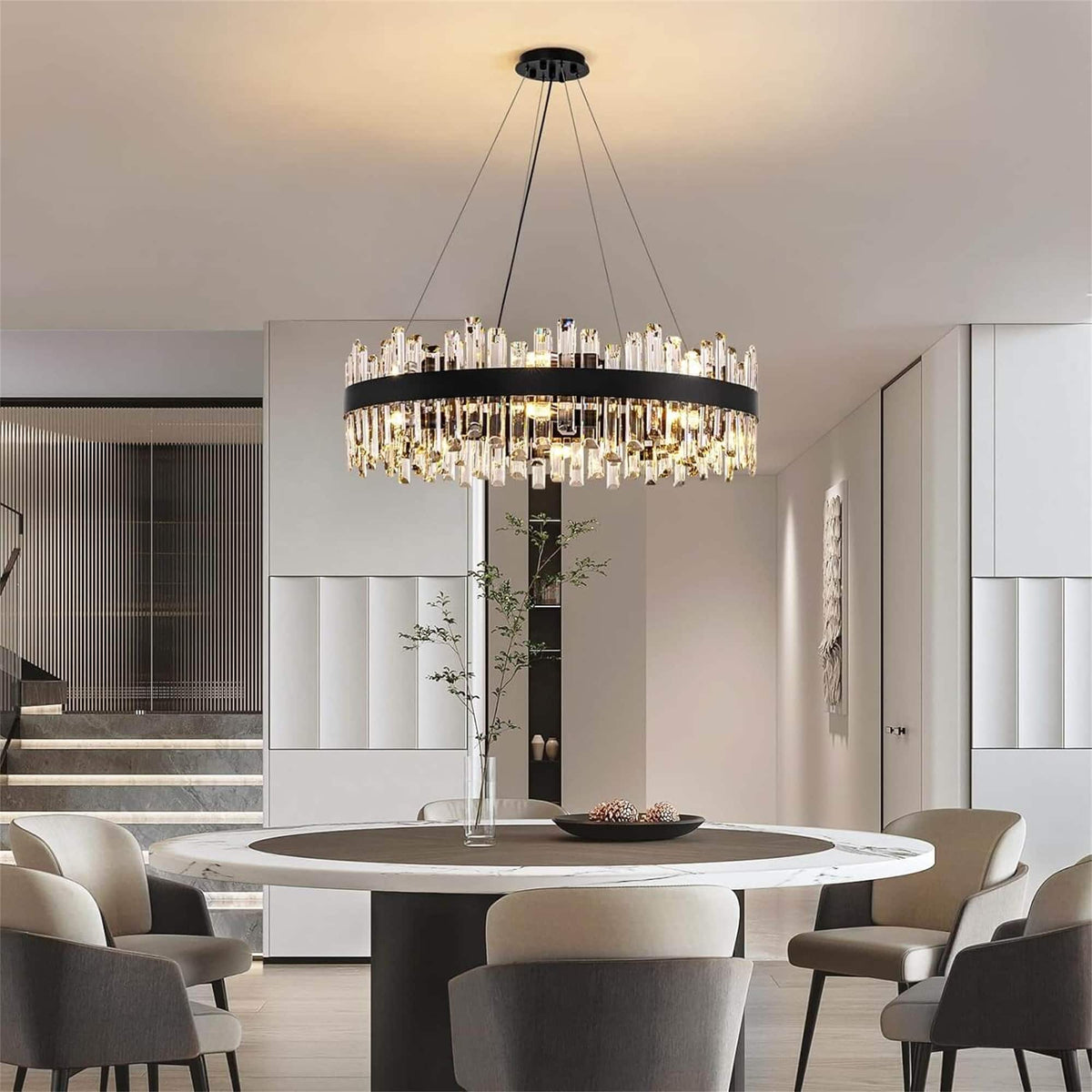 Siljoy - 12-Light Round K9 Crystal Raindrop Chandelier, 23.6"Flush Mount Ceiling Light for Dining Kitchen Living Room - Black