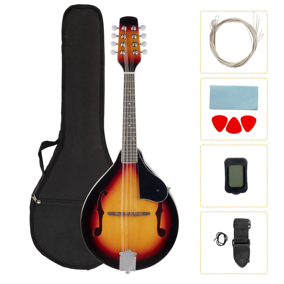 Winado - A-Style Mandolin, 8 Strings Acoustic Mahogany Wood, Sunburst Thickened Gig Bag, Shoulder Strap, Picks Included