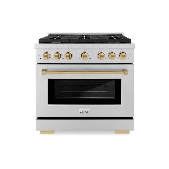Front. ZLINE - 36 in. Wide 6 Burner Autograph 5.2 cu. ft. Freestanding Paramount Gas Range with 6 Gas Burners with Bronze Accents - Stainless Steel.