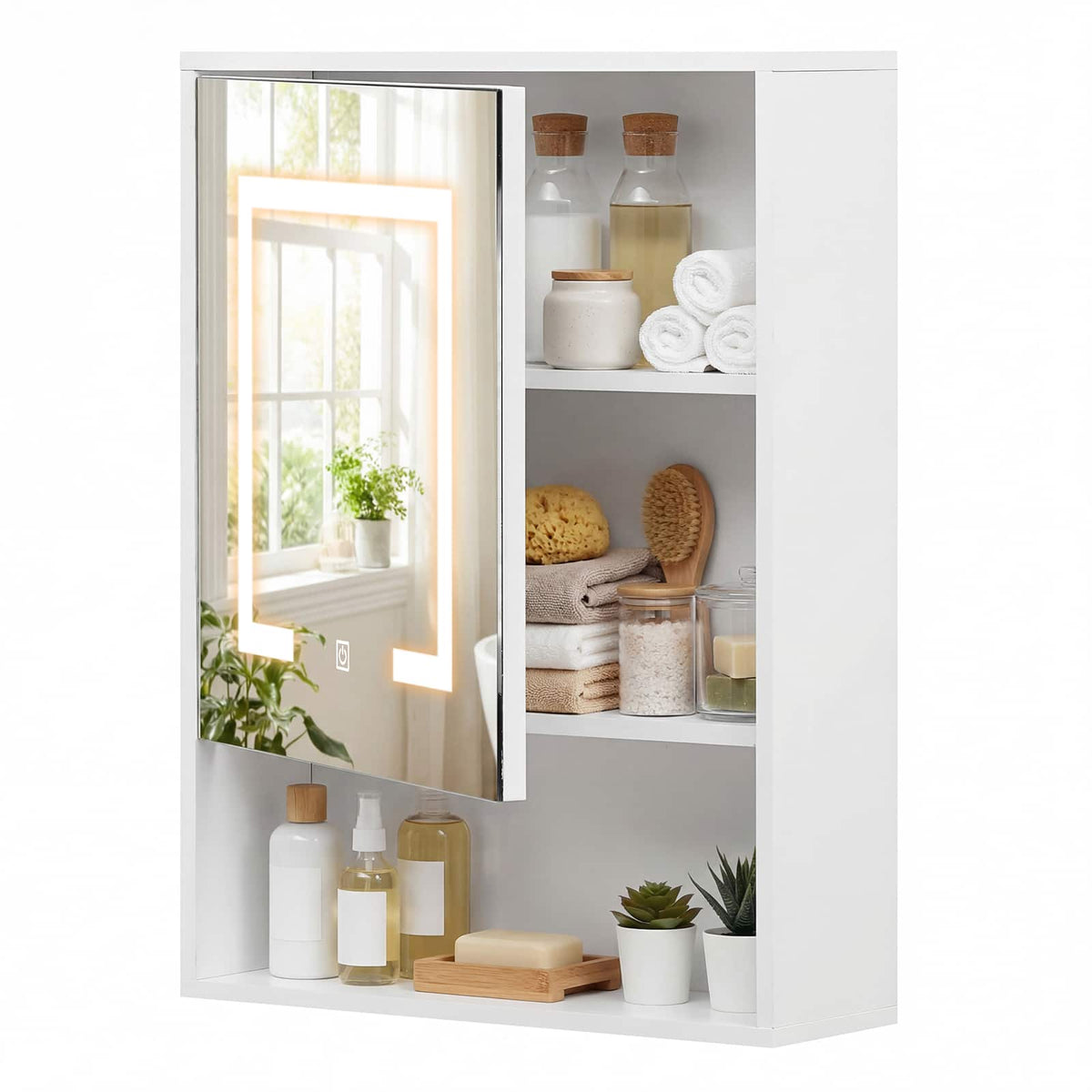 Costway - 24" x 18" Medicine Cabinet with Mirror Lights Adjustable Shelf Lighted Wall Cabinet - White