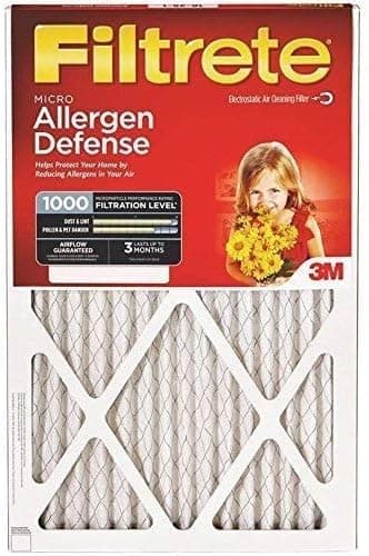 Filtrete MICRO Electrostatic Air Cleaning Filter  
Allergen Defense  
Helps Protect Your Home by Reducing Allergens in Your Air  

1000 FILTRATION LEVEL  
DUST & UNTI  
AIRFLOW GUARANTEED  
LASTS UP TO 3 MONTHS  

3M