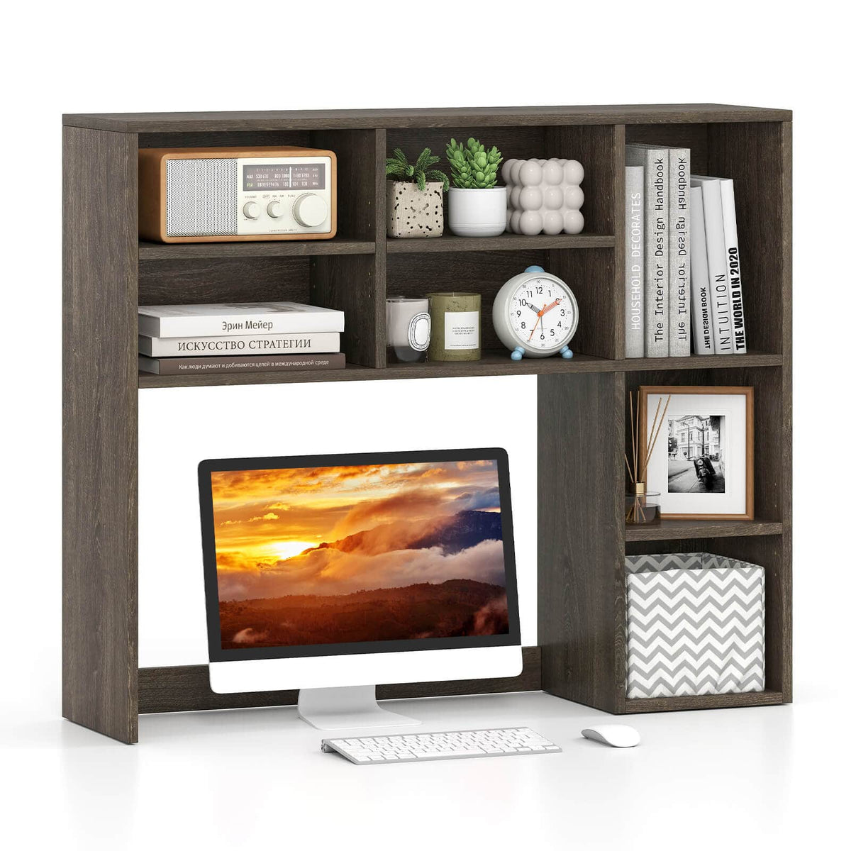 Costway - Desktop Bookshelf with 7 Open Cubbies & 3 Adjustable Shelves for Home Office Dorm - Gray