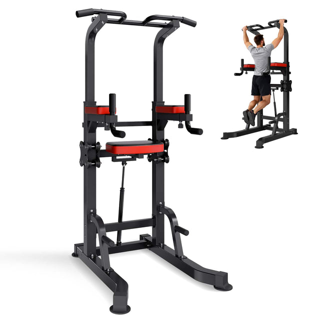 Front. VEVOR - Pull Up Bar, 330 LBS Power Tower Dip Station, Workout Dip Station with H-Shaped Stable Base & Assistance Platform - Black.
