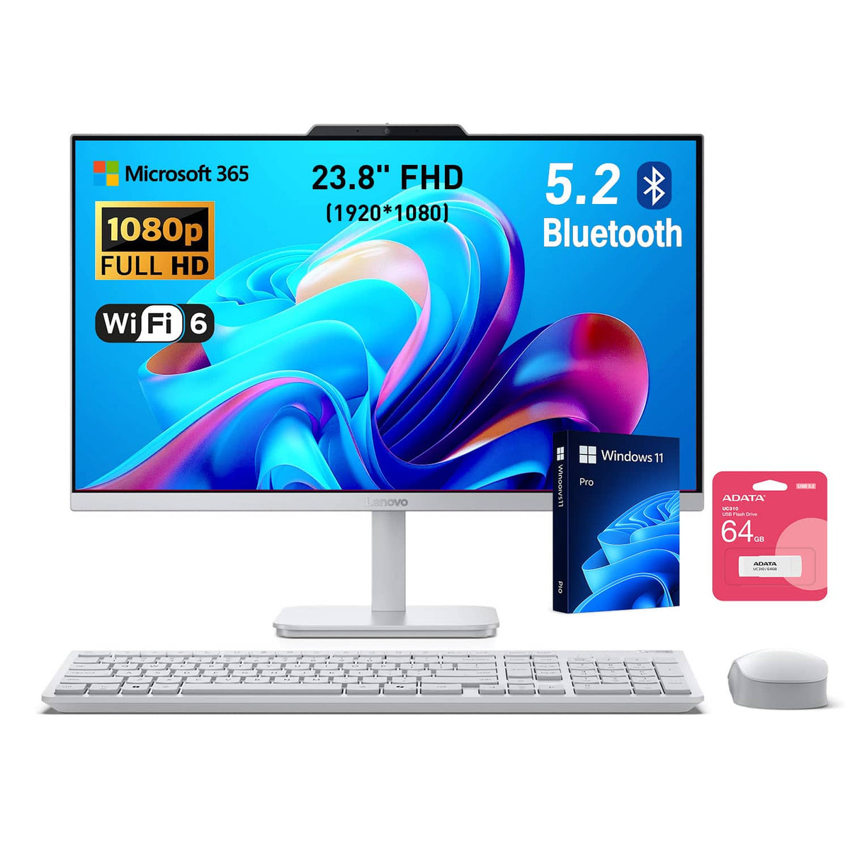 Lenovo - Upgraded - A100 23.8" FHD All-in-One - Intel Core i3-N305 - 32GB RAM 1TB SSD - Wireless Keyboard & Mouse - Adata 64GB USB Drive - Gray