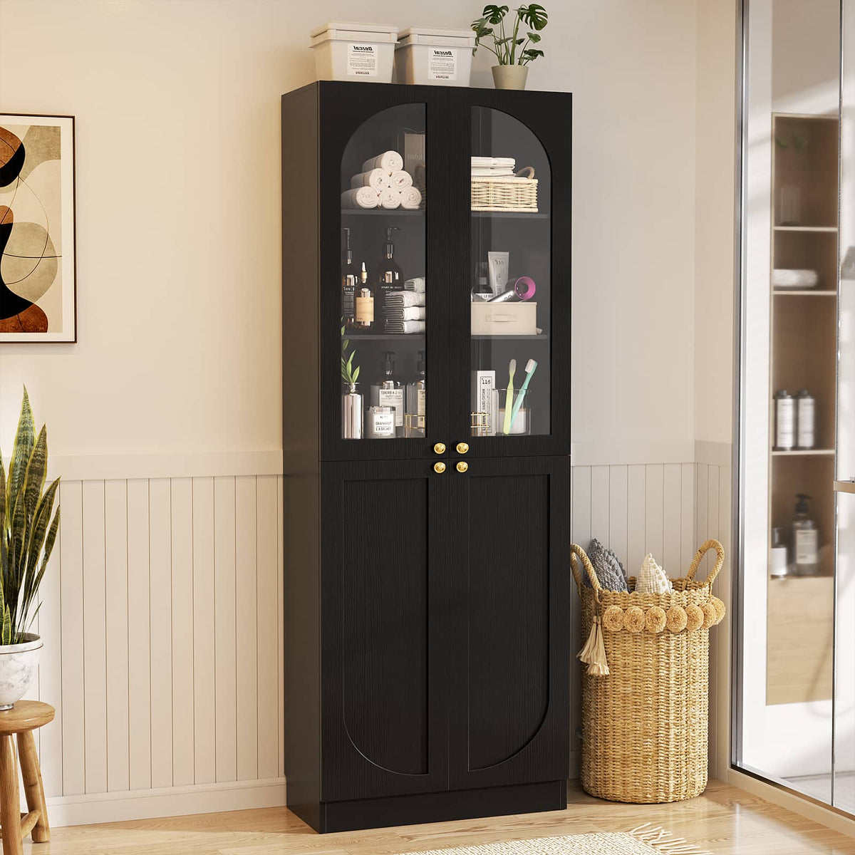 Aheaplus - 80'' Tall Bathroom Storage Cabinet, 6-Tier Linen Cabinet with Glass Doors and Adjustable Shelves - Black