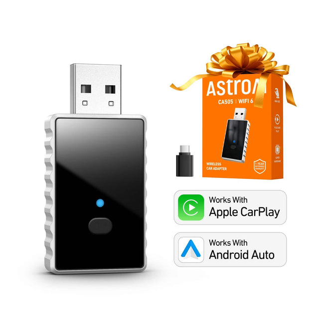 Astro CA505 | WIFI 6 - AWE fur WIRELESS CAR ADAPTER  
1-YEAR LETONDES RUNANY  
MOHE  
Works With Apple CarPlay  
Works With Android Auto