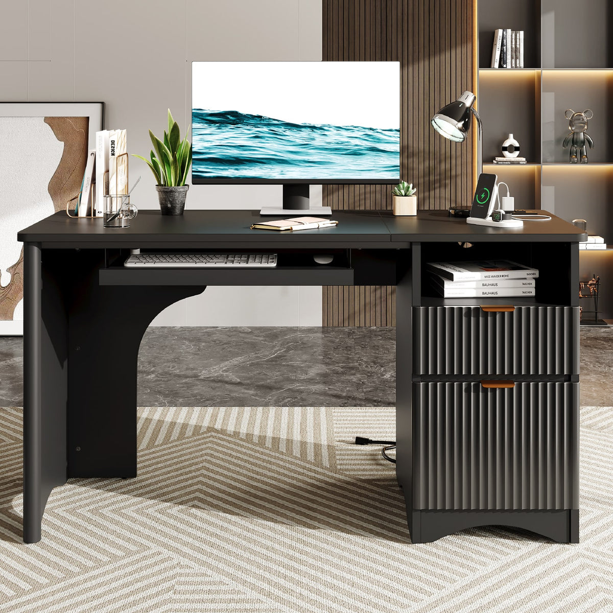 Bestier - 55 inch Double Drawer Office Desk with USB Charging Ports & Keyboard Tray - Black