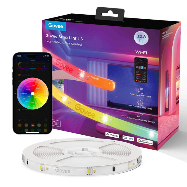 Govee Strip Light S Segmented Color Control 18:28 4 Chove - - e - T 1 - - Govee So brightreos t 32.8 FT Wi-Fi ROBICW utpe 2200 -tuo DADINO d aa - - nd - C - Ne - | -w - - - - a - W - - - cor M cs DO HOP CLighes Govee Music Sync with Light 64+ Preset Scenes Mode Customizable Lighting Effects AK matter works wth slena - Chongle Home Sovee

Corrected text:
Govee Strip Light S Segmented Color Control 18:28 4 Chove - - e - T 1 - - Govee So bright reos t 32.8 FT Wi-Fi ROBICW utpe 2200 -tuo DADINO d aa - - nd - C 