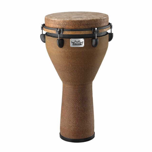Front. Remo - 12-inch Mondo Djembe Drum with Acousticon Shell and Skyndeep Drumhead - Earth Finish.