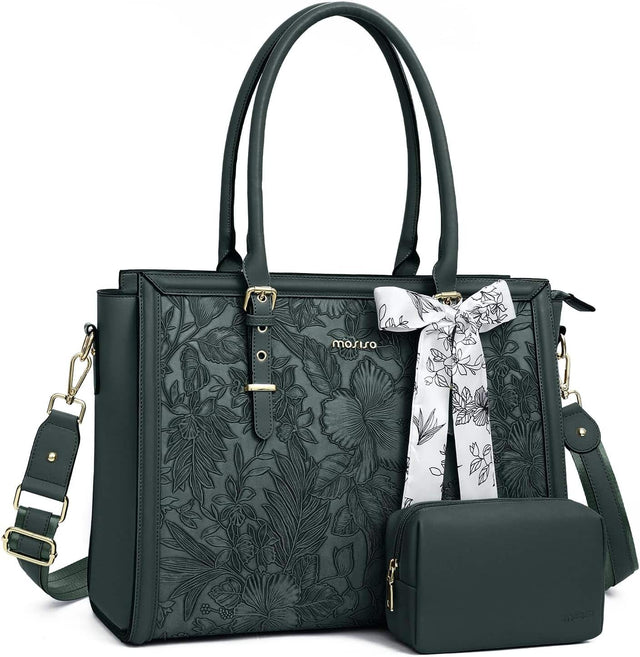 Front. mosiso - Laptop Bag for Women 17-17.3 inch PU Leather Tote Bag Work Briefcase Computer Bags - Emerald Green.