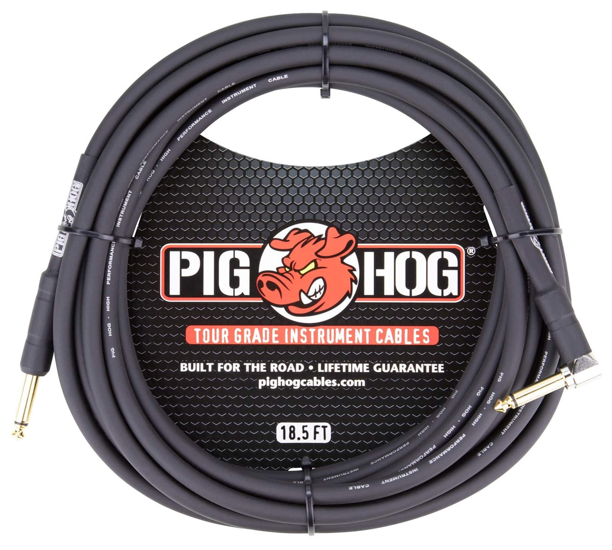 Pig Hog - Tour Grade 18.5ft 1/4" - 1/4" 8mm Instrument Cable Straight to Right Angle Connectors - Black