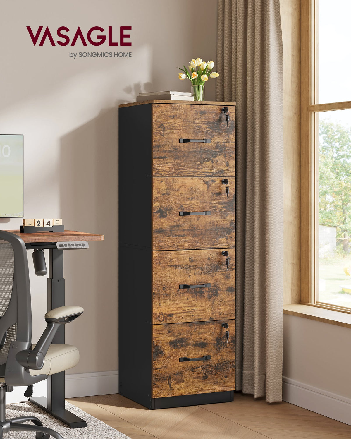 Songmics Home - 4-Drawer Vertical File Cabinet, Filing Cabinet for Home Office, Printer Stand, with 4 Lockable Drawers - Rustic Brown